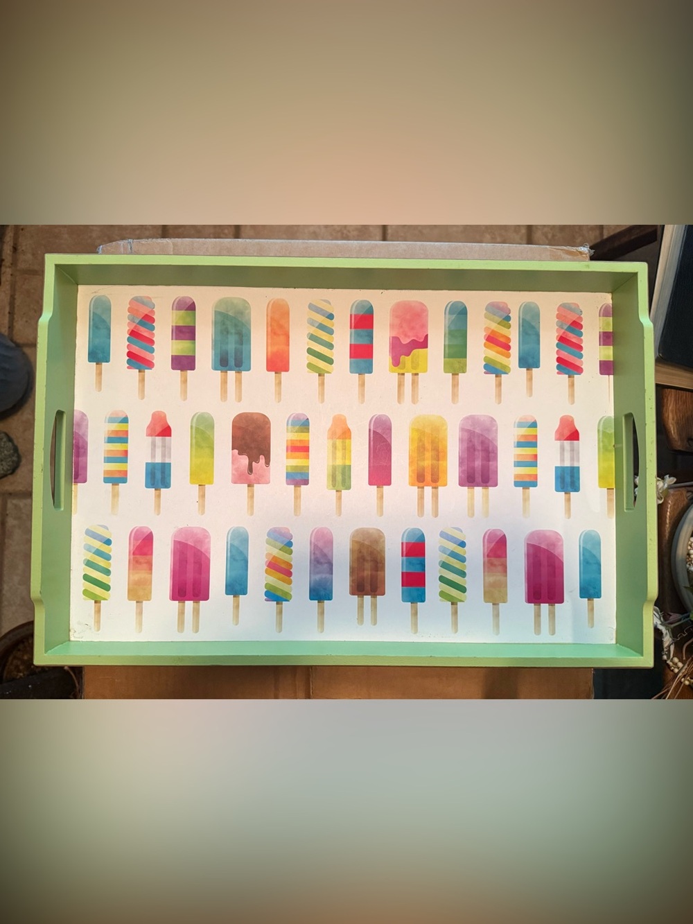 Rectangular Green Popsicle Serving Tray w/ Handles,  18 X 12.  Open Road. NEW.